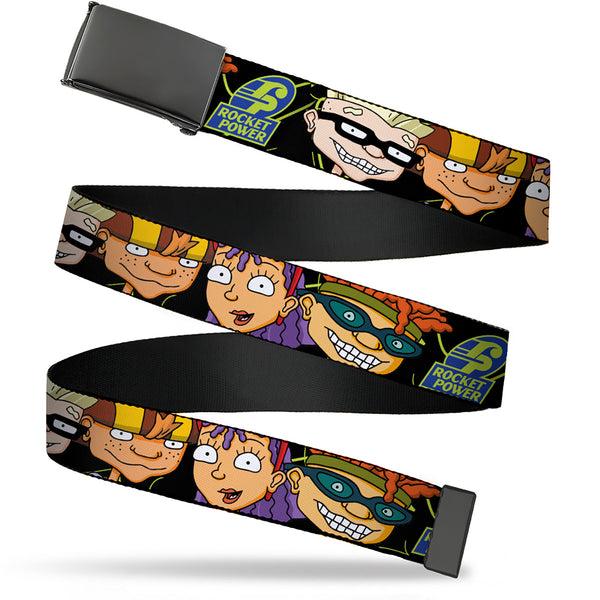 Buckle-Down Web Belt Blank Black Buckle - ROCKET POWER RP Logo/4-Character Faces CLOSE-UP Black/Green/Blue Webbing