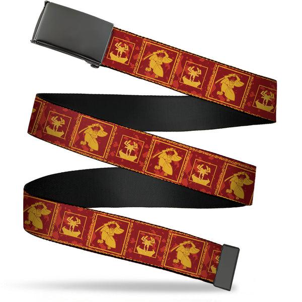Buckle-Down Web Belt Blank Black Buckle - Samurai Jack Action Pose and Dragon Icon Blocks Reds/Orange Webbing