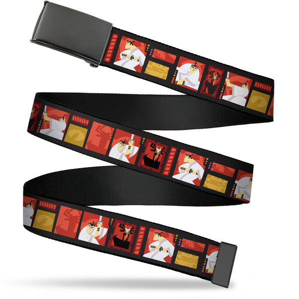 Buckle-Down Web Belt Blank Black Buckle - Samurai Jack Action Pose and Icons Blocks Reds/Black Webbing