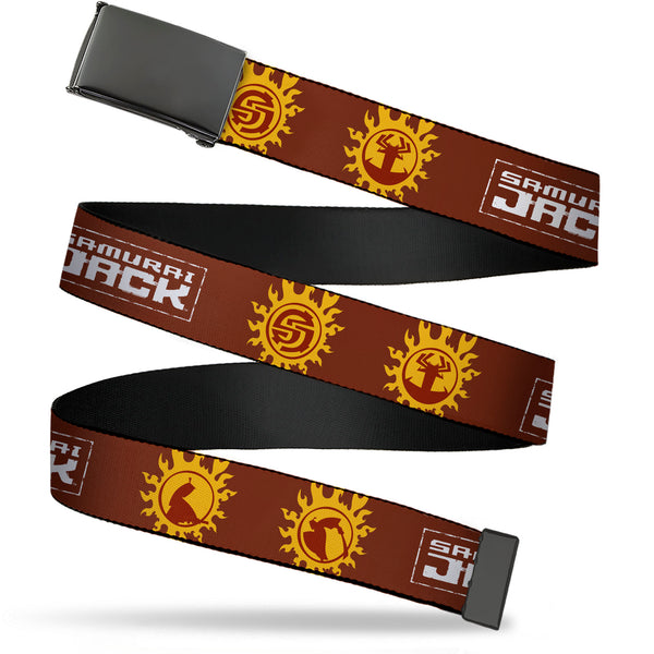 Buckle-Down Web Belt Blank Black Buckle - SAMURAI JACK Title Logo and Icons Red/Orange/White Webbing