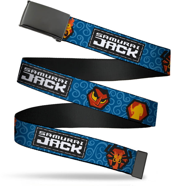 Buckle-Down Web Belt Blank Black Buckle - SAMURAI JACK Title Logo and Icons with Swirl Blues Webbing