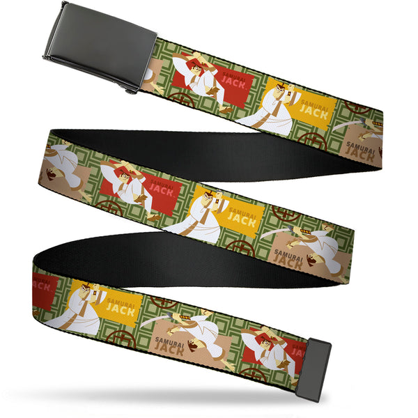 Buckle-Down Web Belt Blank Black Buckle - SAMURAI JACK Title Logo and Action Pose Scenes Greens/Brown Webbing