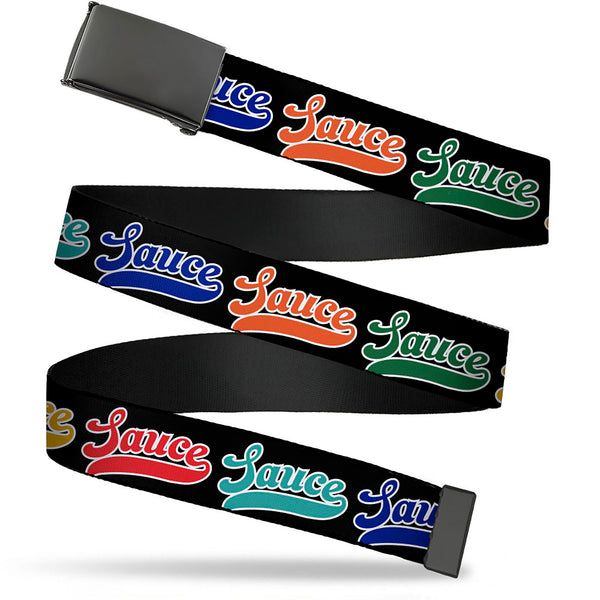 Buckle-Down Web Belt Blank Black Buckle - SAUCE Baseball Script Black/Multi Color Webbing