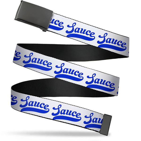 Buckle-Down Web Belt Blank Black Buckle - SAUCE Baseball Script White/Blue Webbing