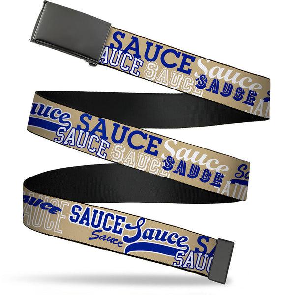 Buckle-Down Web Belt Blank Black Buckle - SAUCE Typography Collage Tan/White/Blue Webbing