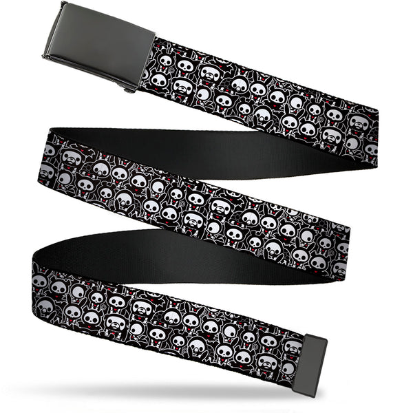 Buckle-Down Web Belt Blank Black Buckle - Skelanimals Animal Poses Stacked Black/White/Red Webbing