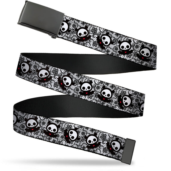 Buckle-Down Web Belt Blank Black Buckle - Skelanimals Diego the Bat Pose Lace Print White/Black Webbing