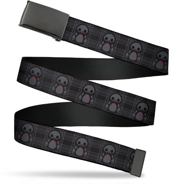 Buckle-Down Web Belt Blank Black Buckle - Skelanimals Pen the Penguin Pose Plaid Grays/Black Webbing