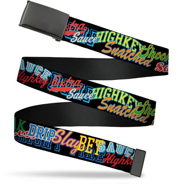 Buckle-Down Web Belt Blank Black Buckle - Slang Verbiage Stacked Black/Multi Color Webbing