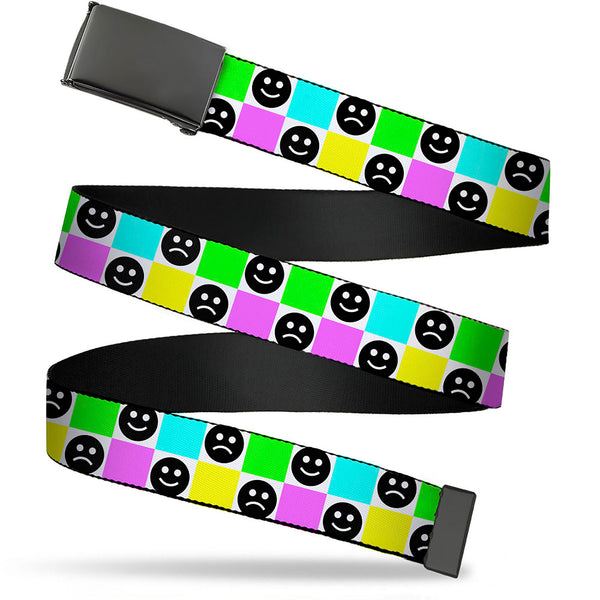 Buckle-Down Web Belt Blank Black Buckle - Smiley Sad Face Checker Multi Color/White Webbing