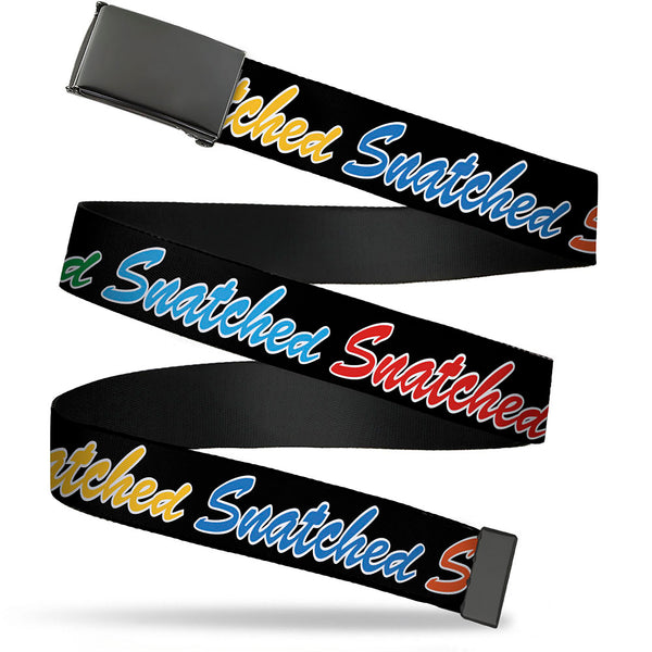 Buckle-Down Web Belt Blank Black Buckle - SNATCHED Script Black/Multi Color Webbing