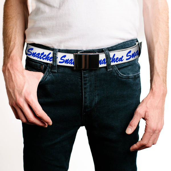 Buckle-Down Web Belt Blank Black Buckle - SNATCHED Script White/Blue Webbing