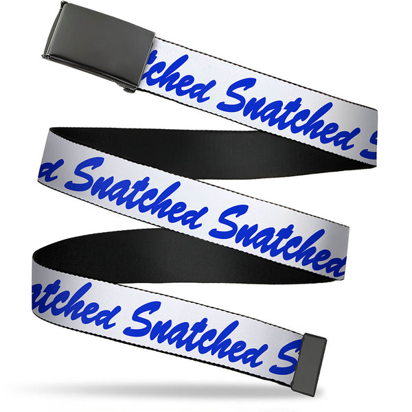 Buckle-Down Web Belt Blank Black Buckle - SNATCHED Script White/Blue Webbing