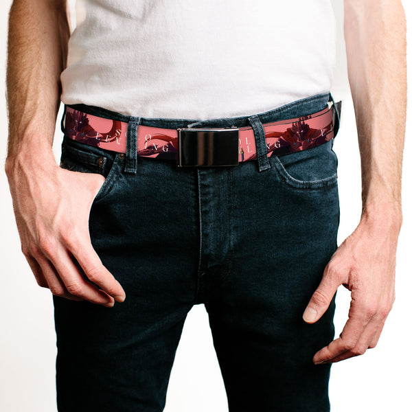 Buckle-Down Web Belt Blank Black Buckle - SOLO LEVELING Blood-Red Commander Igris Pose And Title Logo Peach Webbing