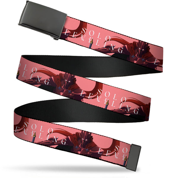 Buckle-Down Web Belt Blank Black Buckle - SOLO LEVELING Blood-Red Commander Igris Pose and Title Logo Peach Webbing