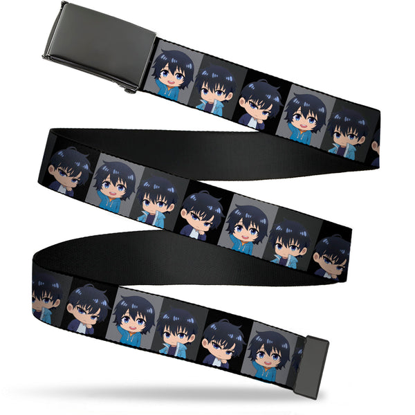 Buckle-Down Web Belt Blank Black Buckle - Solo Leveling Chibi Sung Jinwoo Pose Blocks Grays Webbing