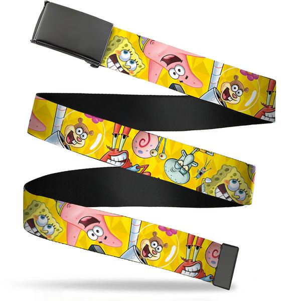 Buckle-Down Web Belt Blank Black Buckle - SpongeBob and Friends Poses Scattered Yellows Webbing