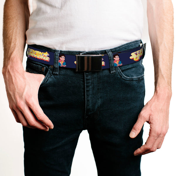 Buckle-Down Web Belt Blank Black Buckle - STEVEN UNIVERSE Sitting Pose And Title Logo Navy Blue Webbing