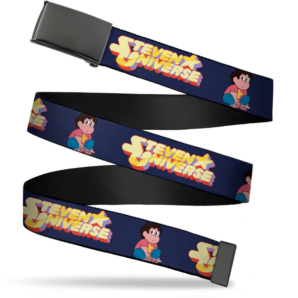 Buckle-Down Web Belt Blank Black Buckle - STEVEN UNIVERSE Sitting Pose and Title Logo Navy Blue Webbing