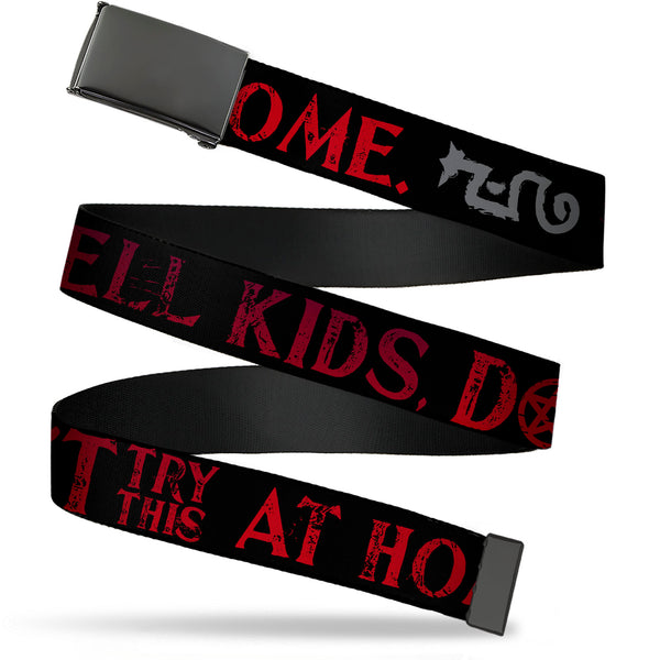 Buckle-Down Web Belt Blank Black Buckle - Supernatural DON'T TRY THIS AT HOME Quote and Icons Black/Red/Gray Webbing