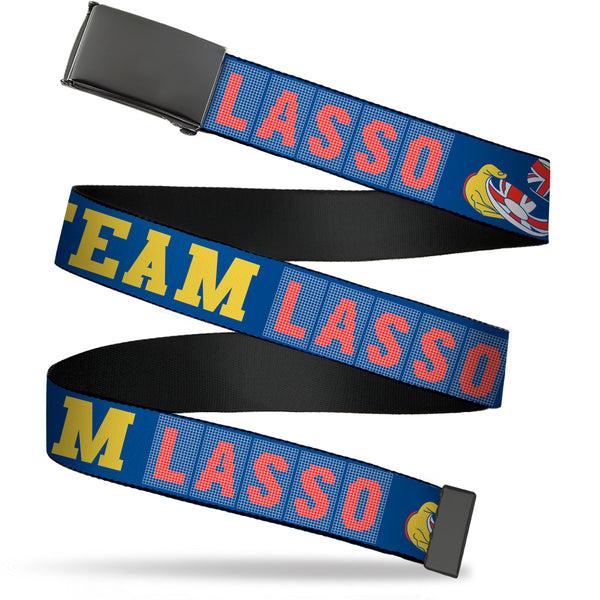 Buckle-Down Web Belt Blank Black Buckle - Ted Lasso TEAM LASSO Tea Time Icon Blue/Yellow/Red Webbing