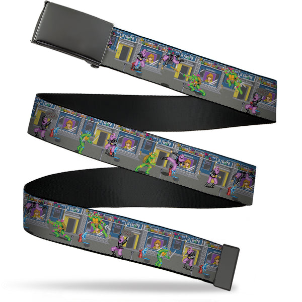 Buckle-Down Web Belt Blank Black Buckle - Teenage Mutant Ninja Turtles Battle Purple Foot Soldier Ninja Arcade Scene Grays Webbing