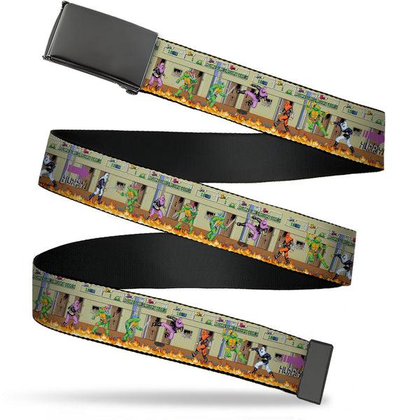 Buckle-Down Web Belt Blank Black Buckle - Teenage Mutant Ninja Turtles Battle Foot Soldiers Ninjas Arcade Scene Tan Webbing
