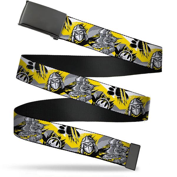Buckle-Down Web Belt Blank Black Buckle - Teenage Mutant Ninja Turtles Shredder Pose and Icons Grays/Yellow Webbing