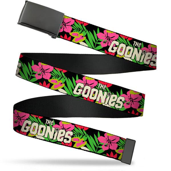 Buckle-Down Web Belt Blank Black Buckle - THE GOONIES Title Logo Hawaiian Shirt Print Black/Pinks Webbing