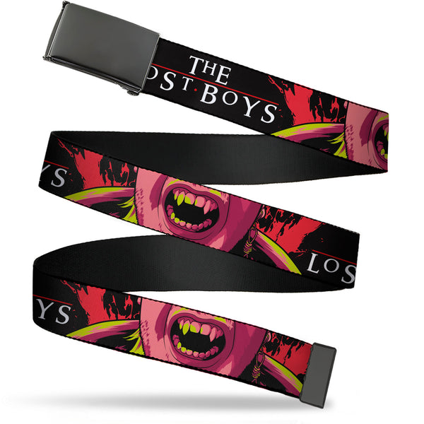 Buckle-Down Web Belt Blank Black Buckle - THE LOST BOYS Teeth Fangs Pose Title Logo Black/Reds/Yellows Webbing