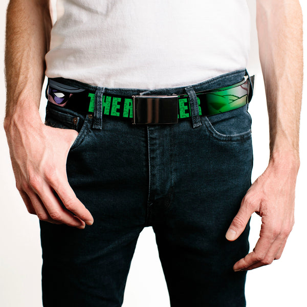 Buckle-Down Web Belt Blank Black Buckle - THE RIDDLER/Face CLOSE-UP Black/Green Webbing