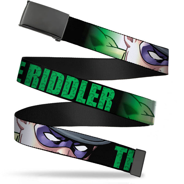 Buckle-Down Web Belt Blank Black Buckle - THE RIDDLER/Face CLOSE-UP Black/Green Webbing