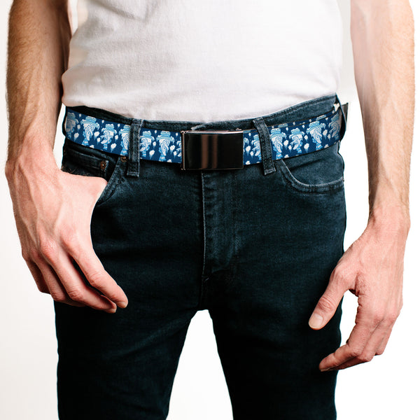 Buckle-Down Web Belt Blank Black Buckle - The Year Without A Santa Claus Snow Miser Face Collage Blues Webbing