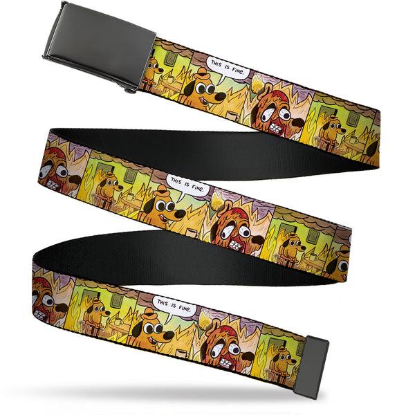 Buckle-Down Web Belt Blank Black Buckle - THIS IS FINE Question Hound Cafe Fire Comic Strip Blocks Webbing