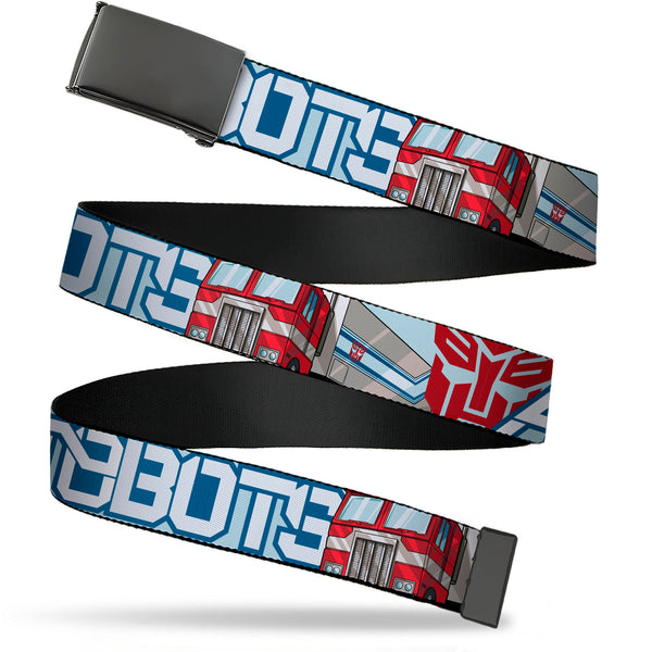 Buckle-Down Web Belt Blank Black Buckle - Transformers AUTOBOTS Optimus Prime Semi Truck Collage Light Blue Webbing