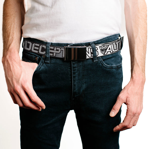 Buckle-Down Web Belt Blank Black Buckle - Transformers AUTOBOTS DECEPTICONS Shield And Text Grays/Black/White Webbing