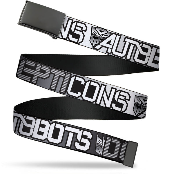 Buckle-Down Web Belt Blank Black Buckle - Transformers AUTOBOTS DECEPTICONS Shield and Text Grays/Black/White Webbing