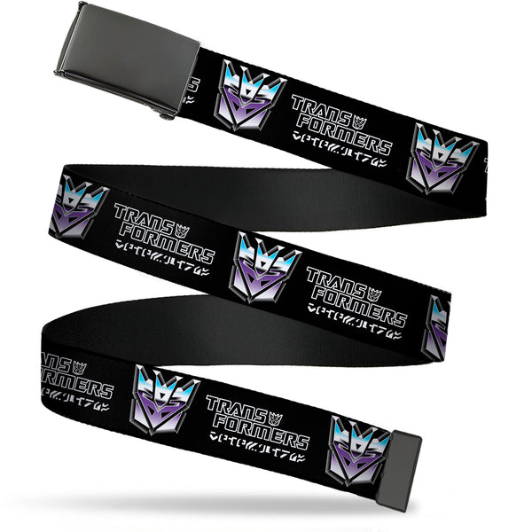 Buckle-Down Web Belt Blank Black Buckle - TRANSFORMERS Decepticons Cybertronian Icon Black/Grays/Purples Webbing