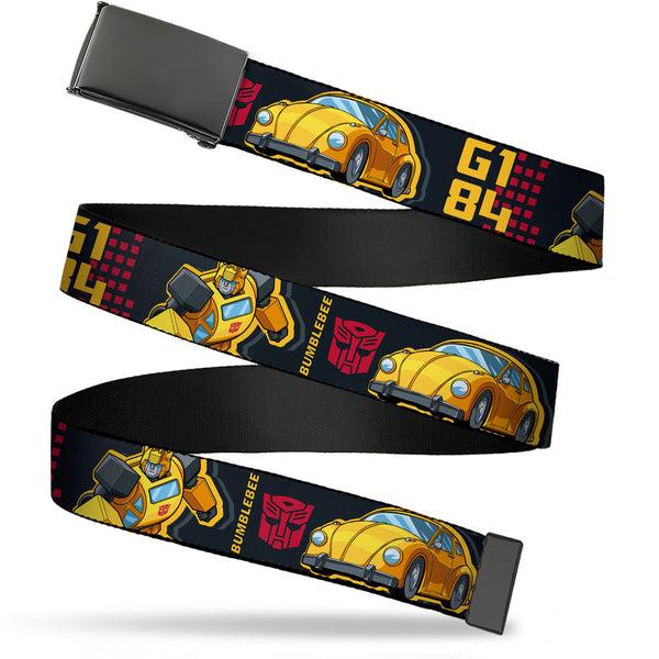 Buckle-Down Web Belt Blank Black Buckle - Transformers Generations BUMBLEBEE G1 84 Poses Autobot Icon Black/Yellows/Red Webbing