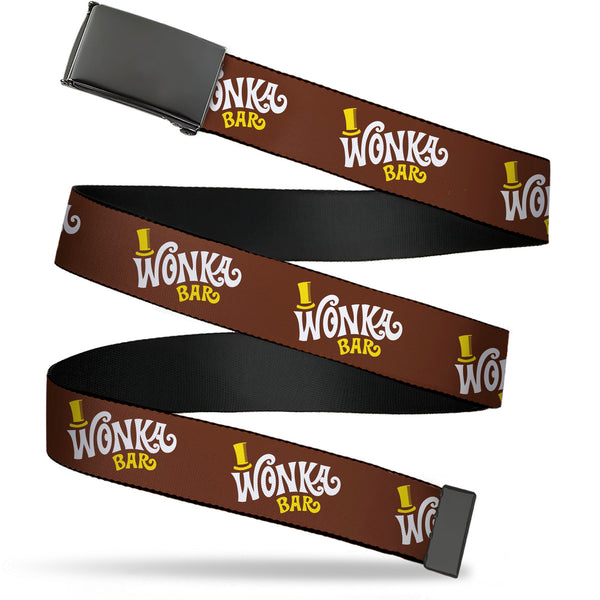 Buckle-Down Web Belt Blank Black Buckle - Willy Wonka and the Chocolate Factory WONKA BAR Logo Brown/Yellow/White Webbing