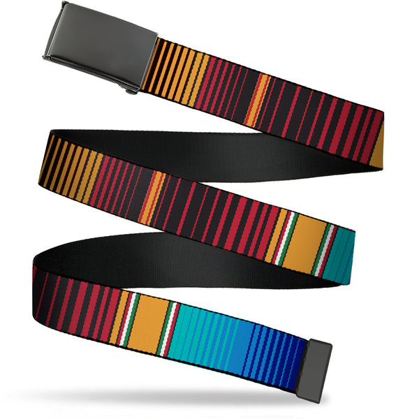 Buckle-Down Web Belt Blank Black Buckle - Zarape6 Vertical Stripe Gold/Blues/Black/Red Webbing
