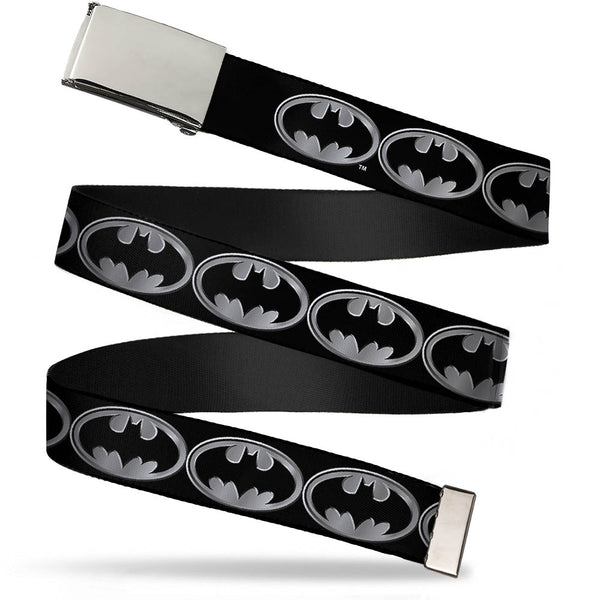 Buckle-Down Web Belt Blank Chrome Buckle - Batman Shield Black/Silver Webbing
