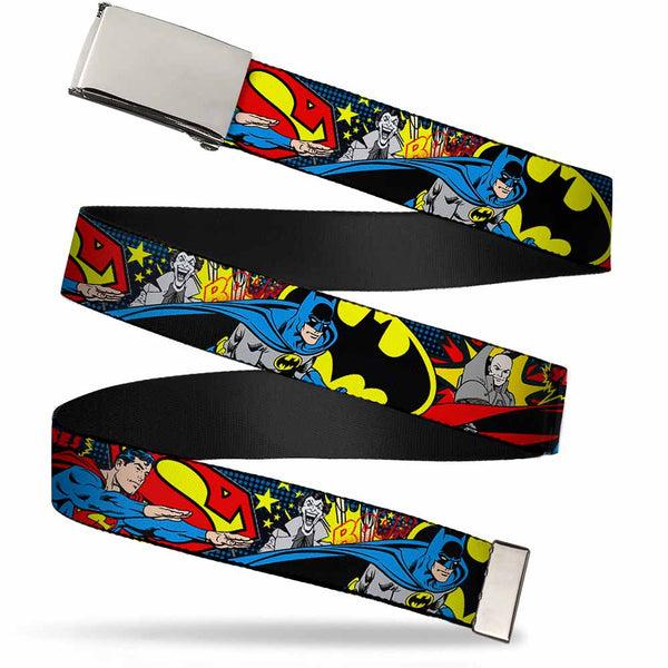 Buckle-Down Web Belt Blank Chrome Buckle - Classic Batman/Joker & Superman/Lex Luthor Halftone Black/Blue Webbing