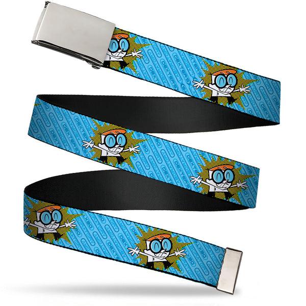 Buckle-Down Web Belt Blank Chrome Buckle - Dexter's Lab Dexter Arms Up Pose and Text Blues Webbing