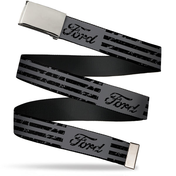 Buckle-Down Web Belt Blank Chrome Buckle - FORD Script Stripe Blocks Weathered Gray/Black Webbing