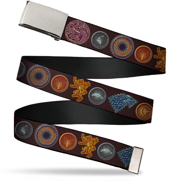 Buckle-Down Web Belt Blank Chrome Buckle - Game of Thrones Eight House Sigil Symbols Black/Multi Color Webbing
