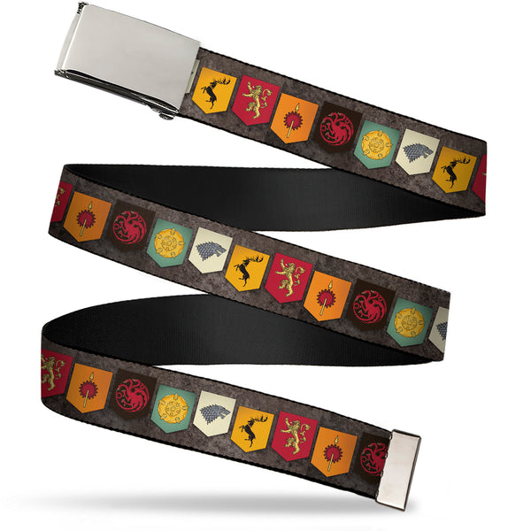 Buckle-Down Web Belt Blank Chrome Buckle - Game of Thrones Six House Sigil Banners Grays Webbing