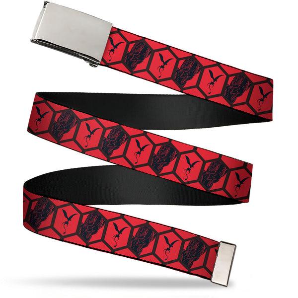 Buckle-Down Web Belt Blank Chrome Buckle - House of the Dragon Caraxes Silhouette and Roar Pose Red/Black Webbing