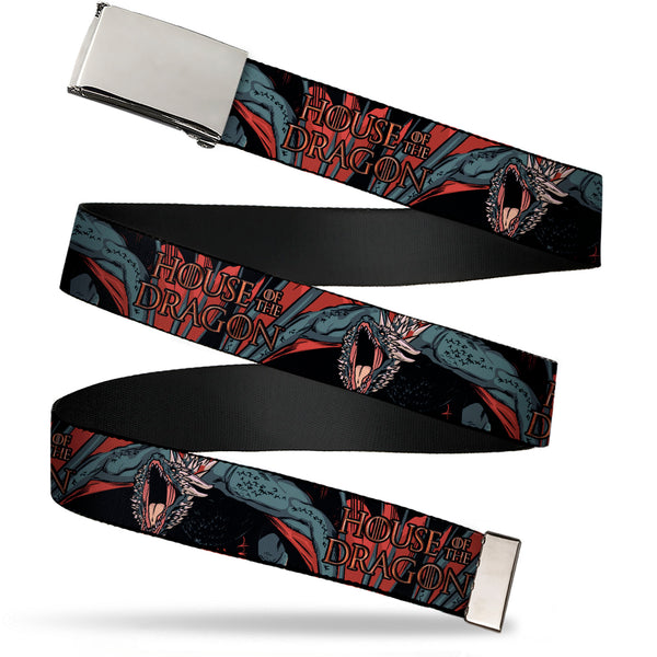 Buckle-Down Web Belt Blank Chrome Buckle - HOUSE OF THE DRAGON Drogon Roar and Title Logo Black/Grays/Reds Webbing