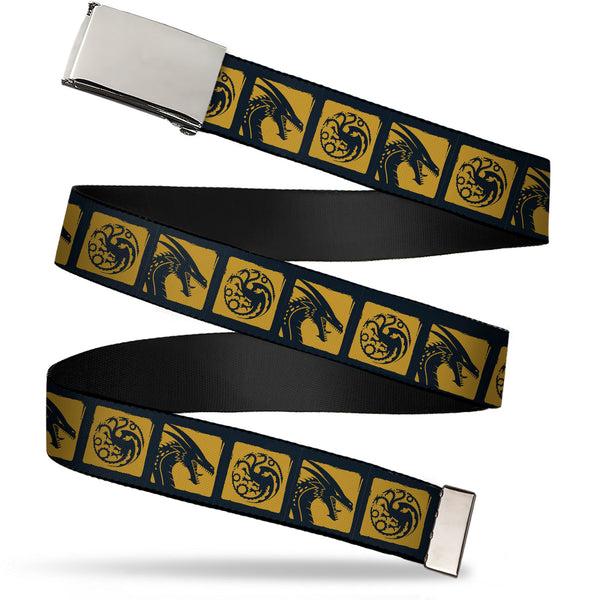 Buckle-Down Web Belt Blank Chrome Buckle - House of the Dragon House of Targaryen Sigil and Dragon Roar Blocks Black/Yellow Webbing